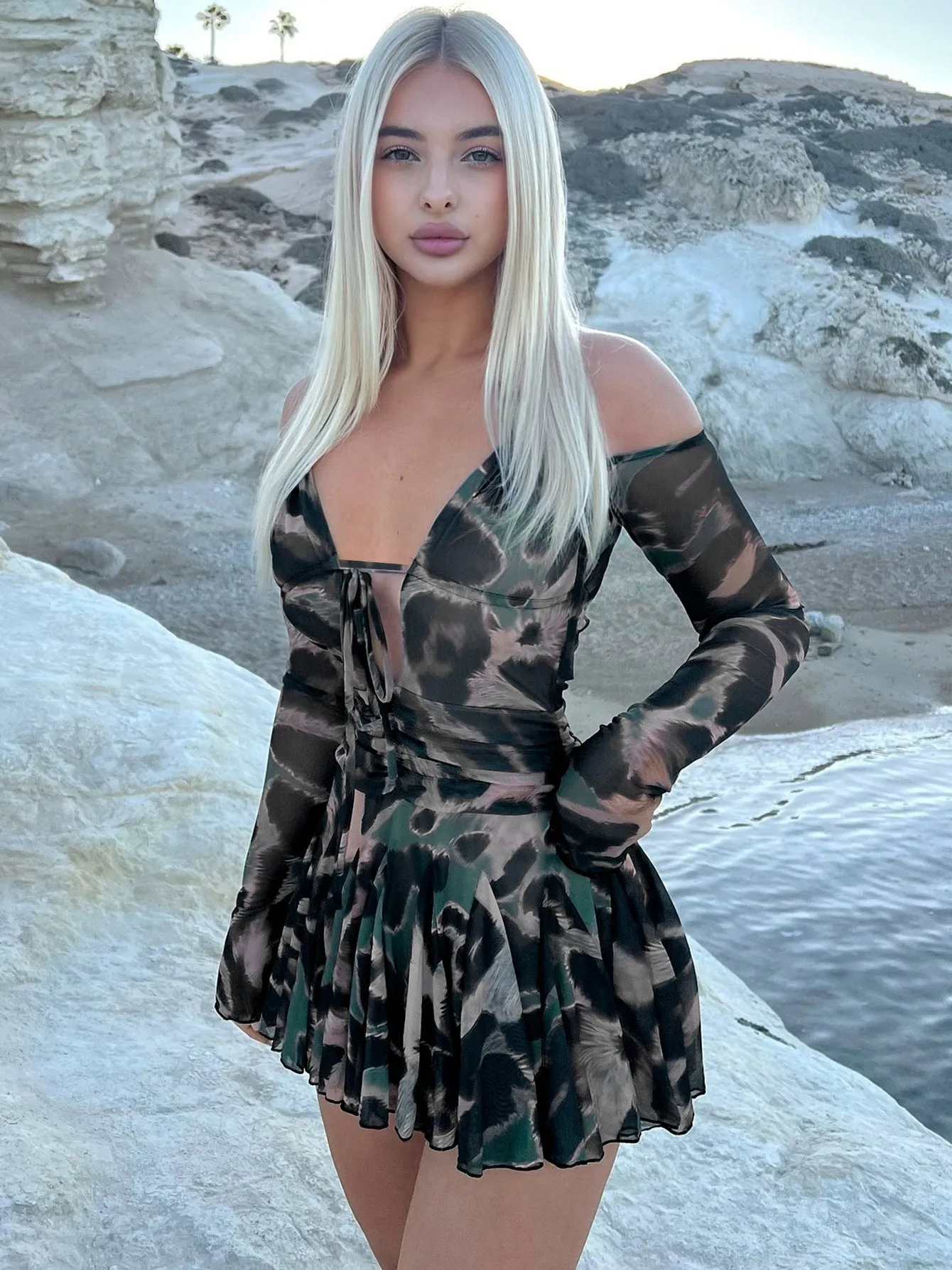 Flirty Printed Off-Shoulder Long Sleeve Pleated Mini Dress