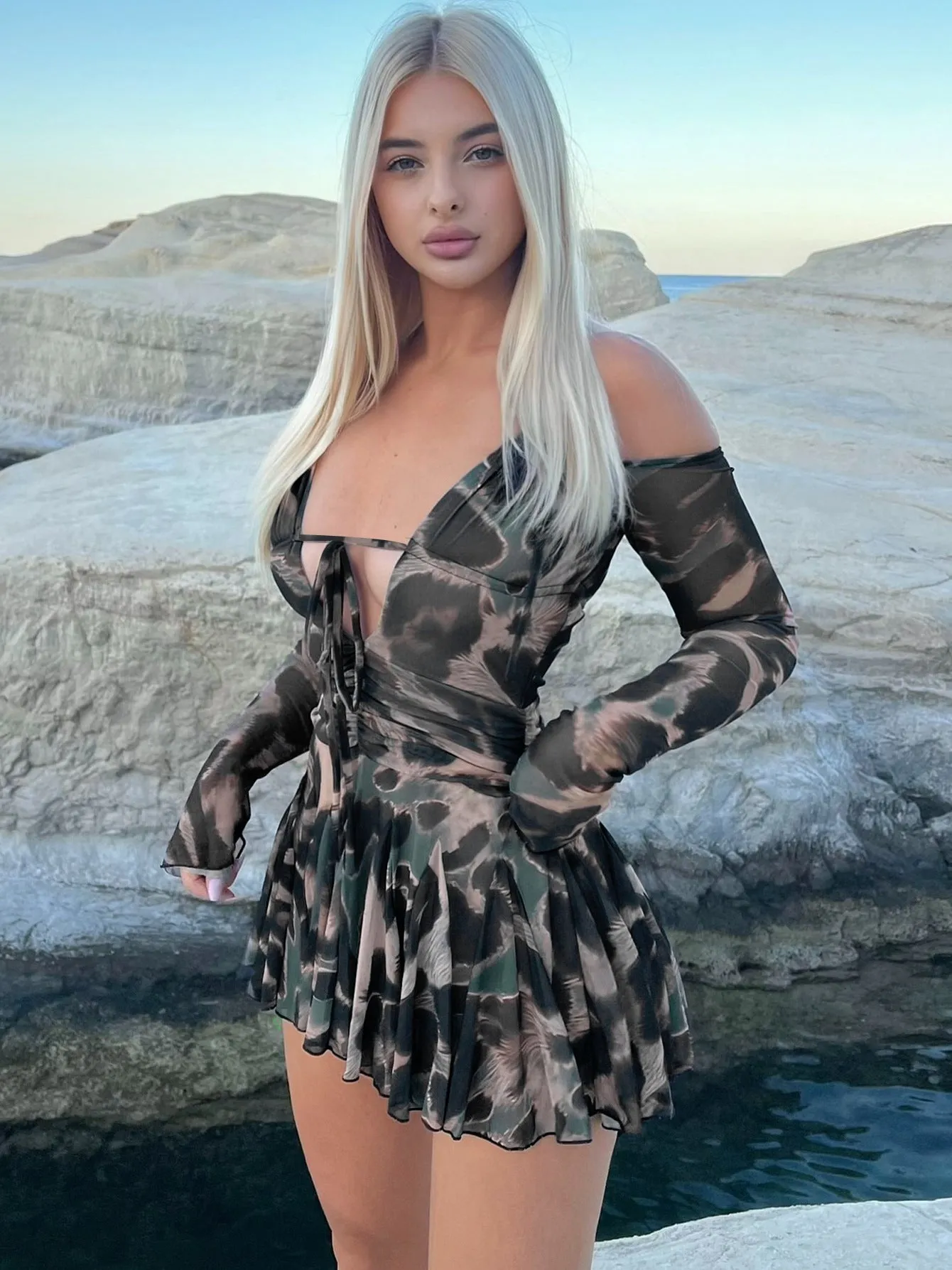 Flirty Printed Off-Shoulder Long Sleeve Pleated Mini Dress