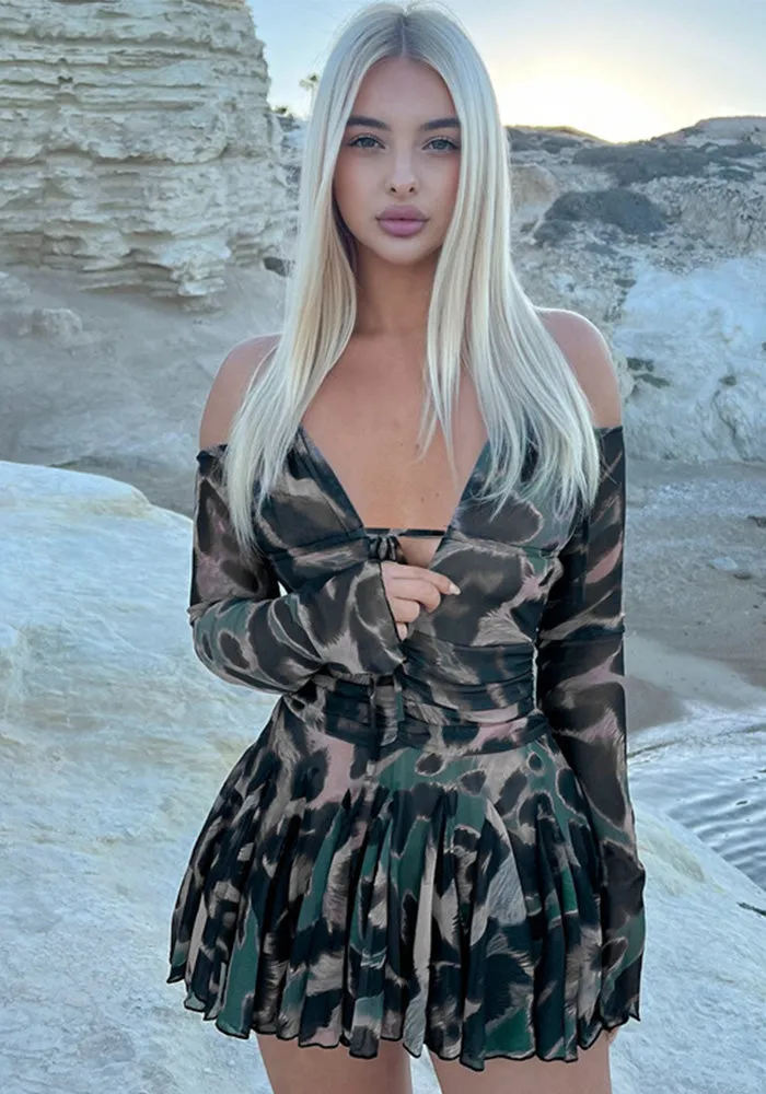 Flirty Printed Off-Shoulder Long Sleeve Pleated Mini Dress