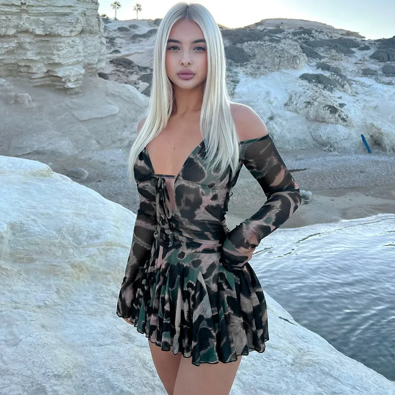 Flirty Printed Off-Shoulder Long Sleeve Pleated Mini Dress