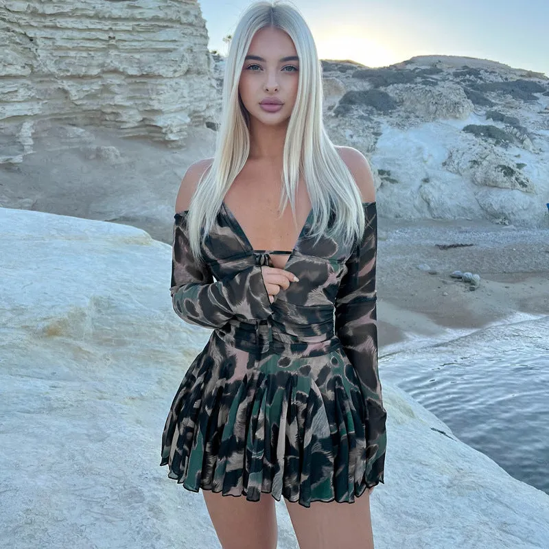 Flirty Printed Off-Shoulder Long Sleeve Pleated Mini Dress