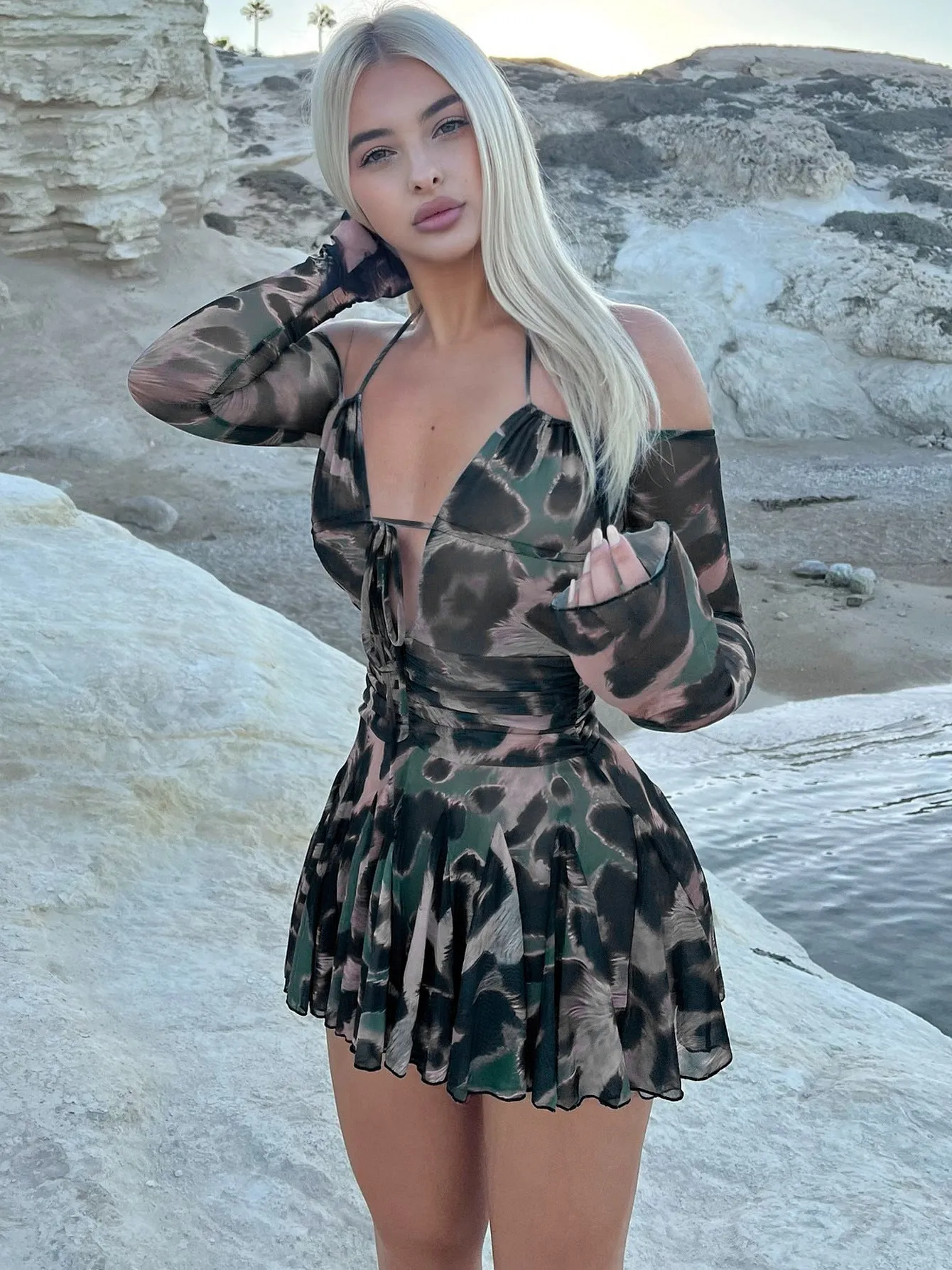 Flirty Printed Off-Shoulder Long Sleeve Pleated Mini Dress