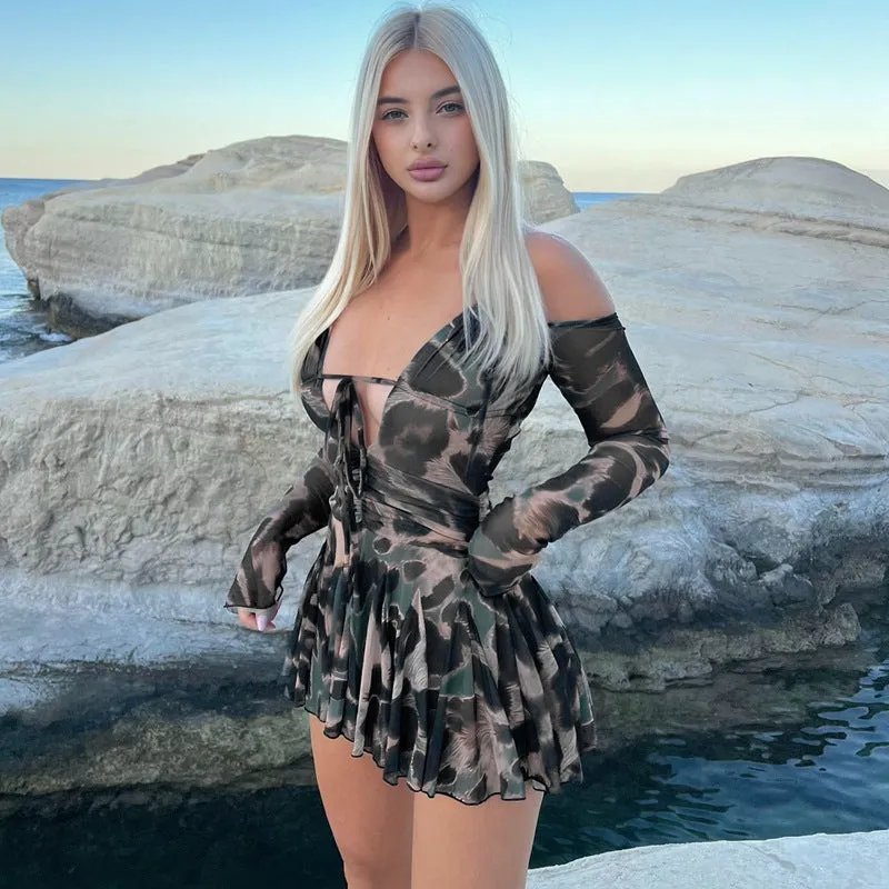 Flirty Printed Off-Shoulder Long Sleeve Pleated Mini Dress