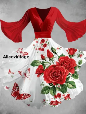 Floral Art Print V-Neck Vintage Elegant Chic Flowy Midi Dress