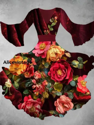 Floral Art Print V-Neck Vintage Elegant Chic Flowy Midi Dress