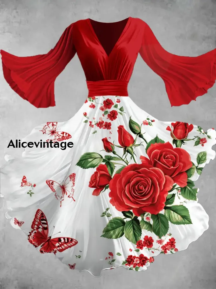 Floral Art Print V-Neck Vintage Elegant Chic Flowy Midi Dress