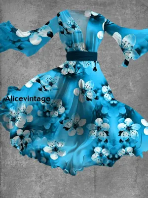 Floral Art Print Vintage V-Neck Long Sleeve Flowy Midi Dress