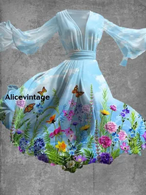 Floral Art Print Vintage V-Neck Long Sleeve Flowy Midi Dress