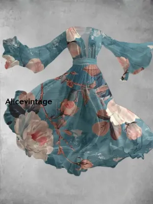 Floral Art Print Vintage V-Neck Long Sleeve Flowy Midi Dress