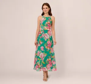 Floral Chiffon Halter Midi Dress In Green Multi