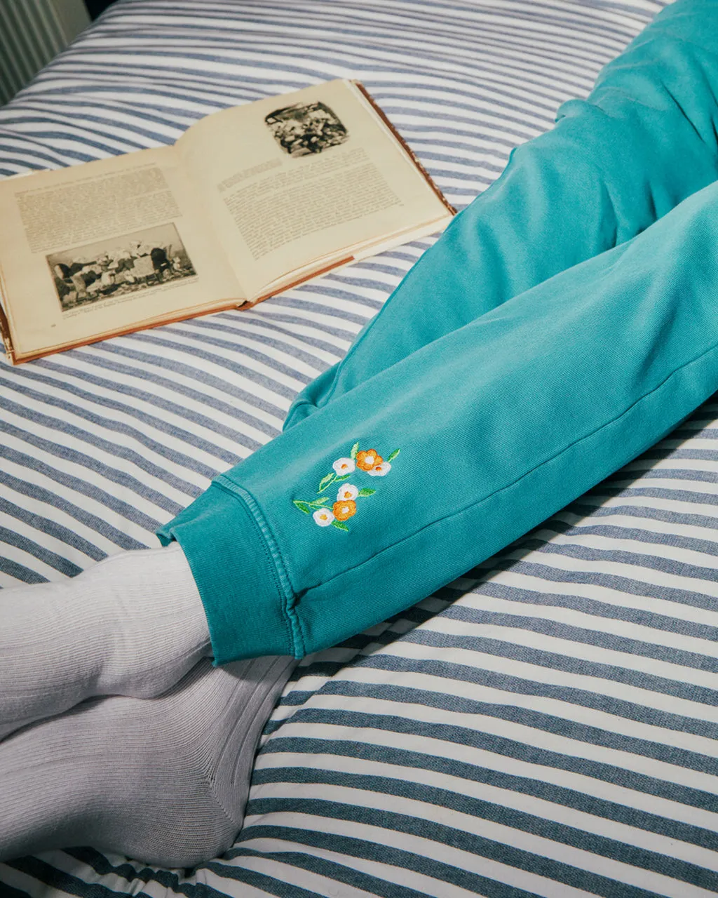Floral Embroidered Joggers Teal
