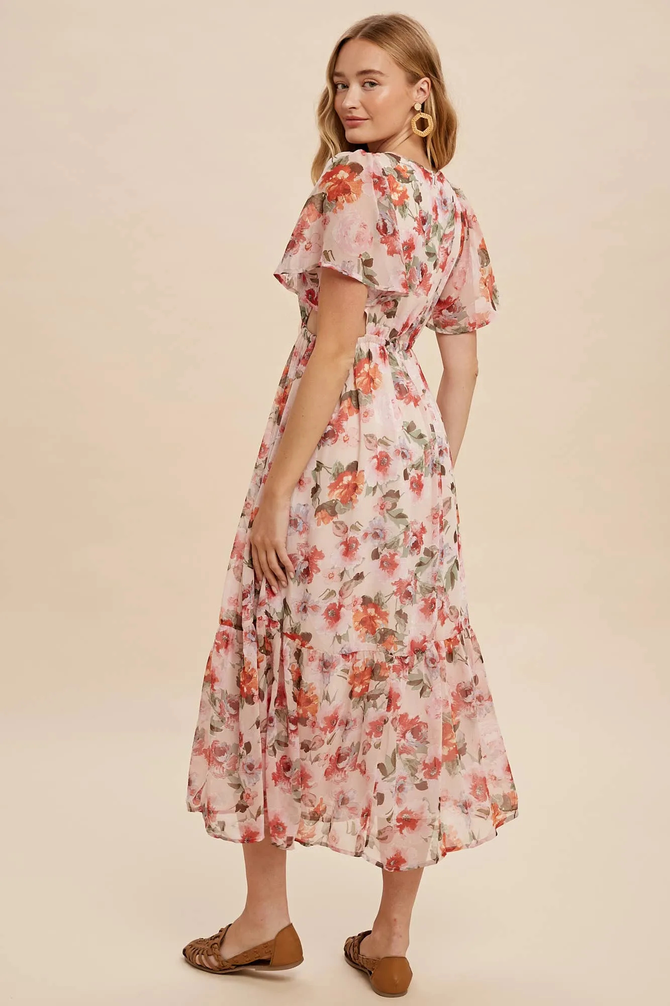 FLORAL MIDI DRESS WITH WAIST CUTOUTS