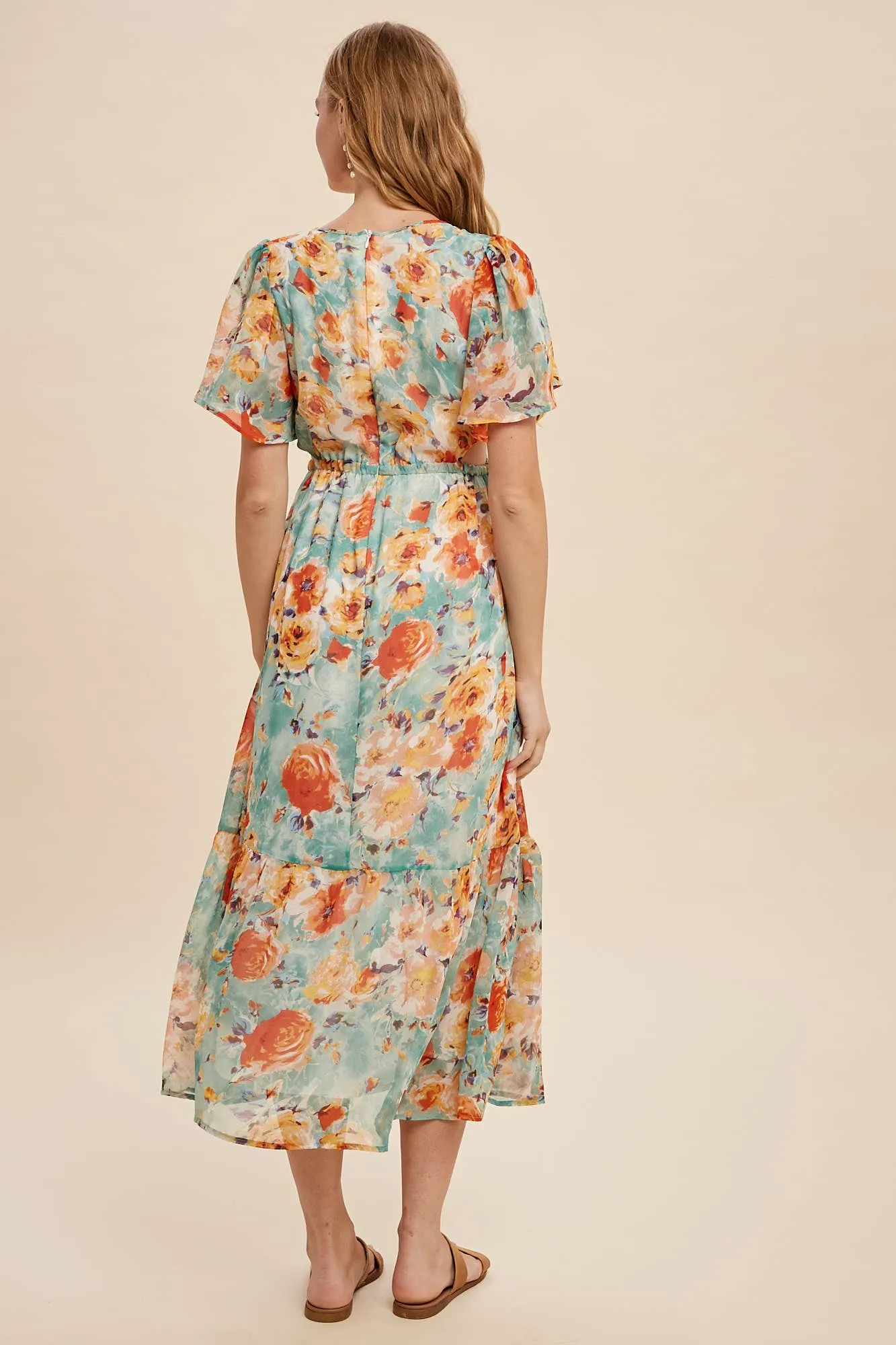 FLORAL MIDI DRESS WITH WAIST CUTOUTS