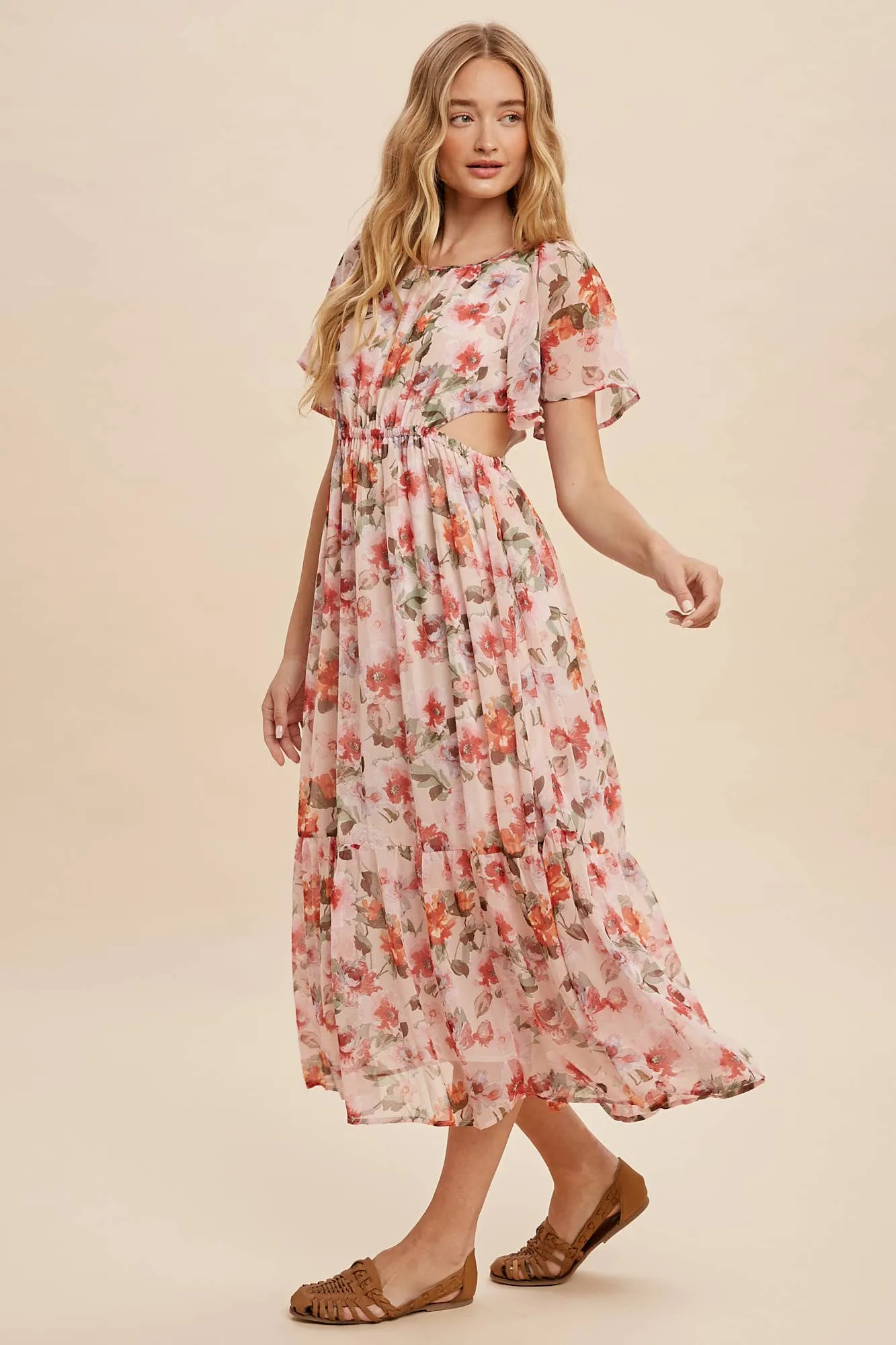 FLORAL MIDI DRESS WITH WAIST CUTOUTS