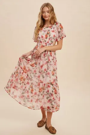 FLORAL MIDI DRESS WITH WAIST CUTOUTS
