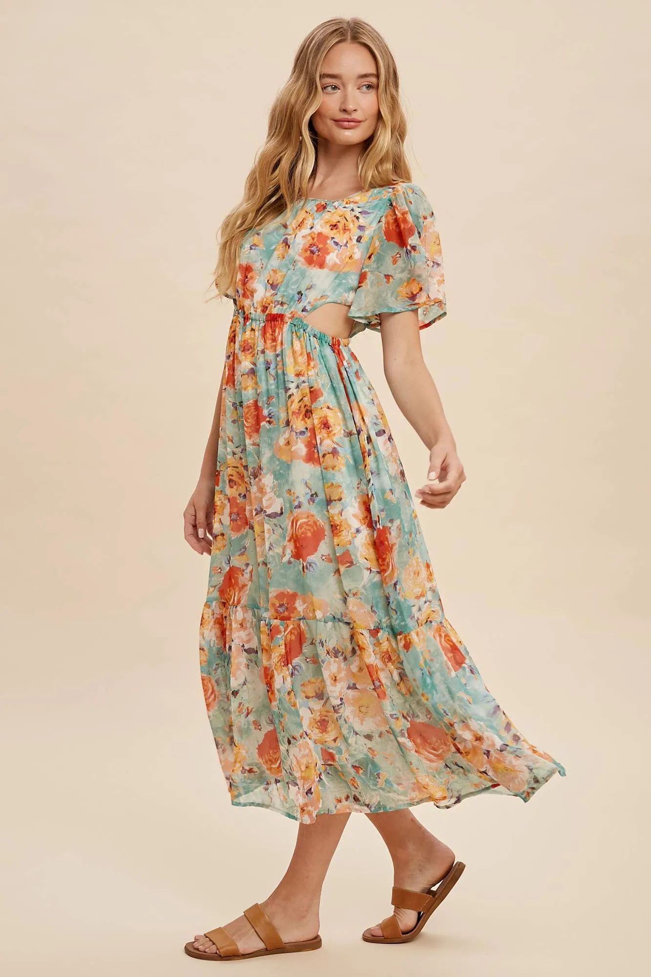 FLORAL MIDI DRESS WITH WAIST CUTOUTS