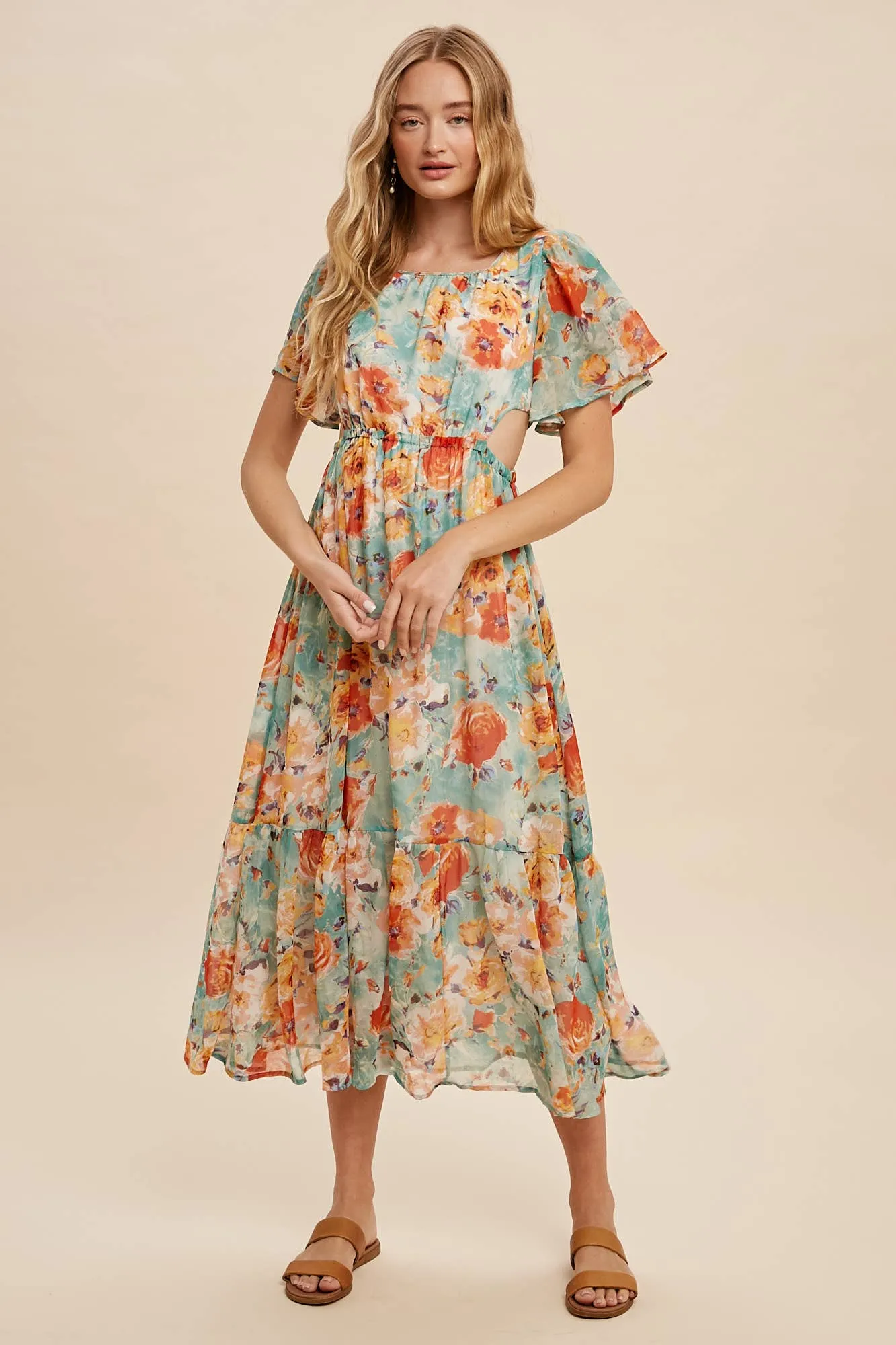 FLORAL MIDI DRESS WITH WAIST CUTOUTS