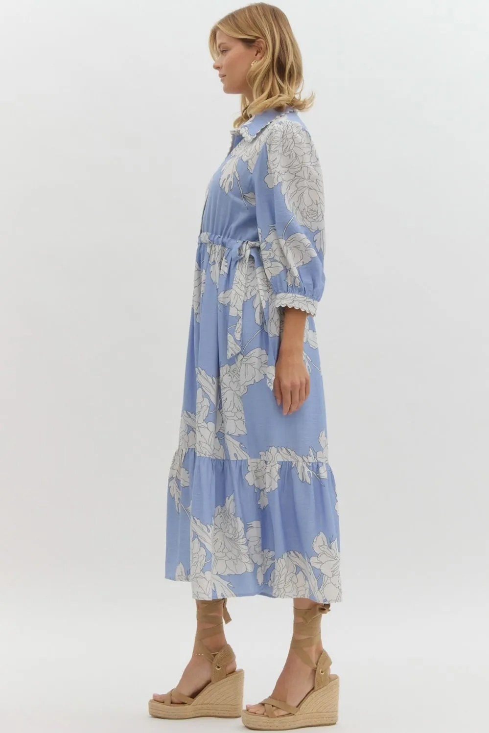 Floral print collared button up midi dress