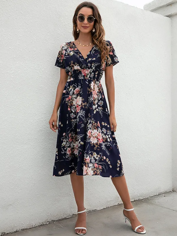 Floral Print Midi Dress with V-Neck and Smocked Waist