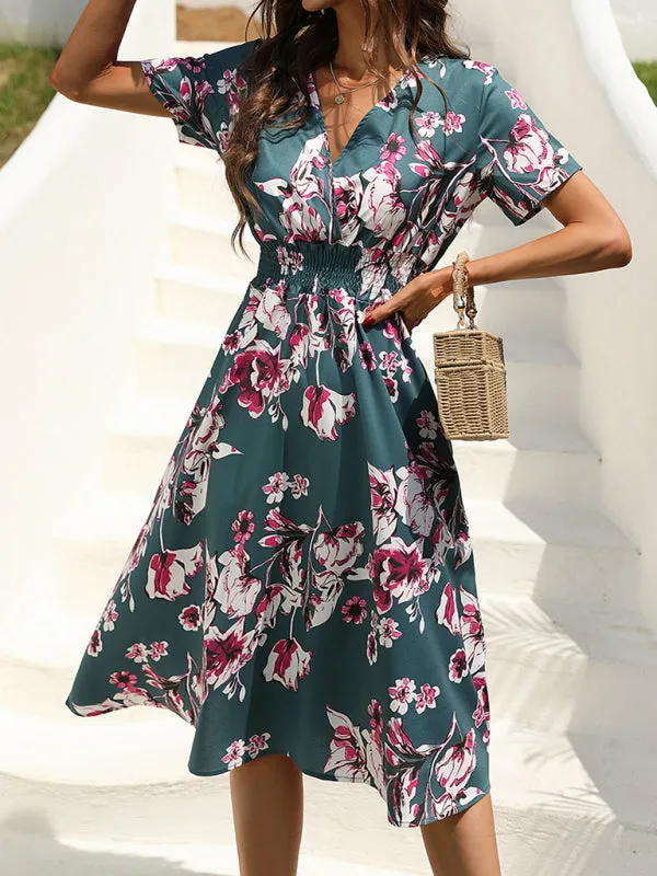 Floral Print Midi Dress with V-Neck and Smocked Waist