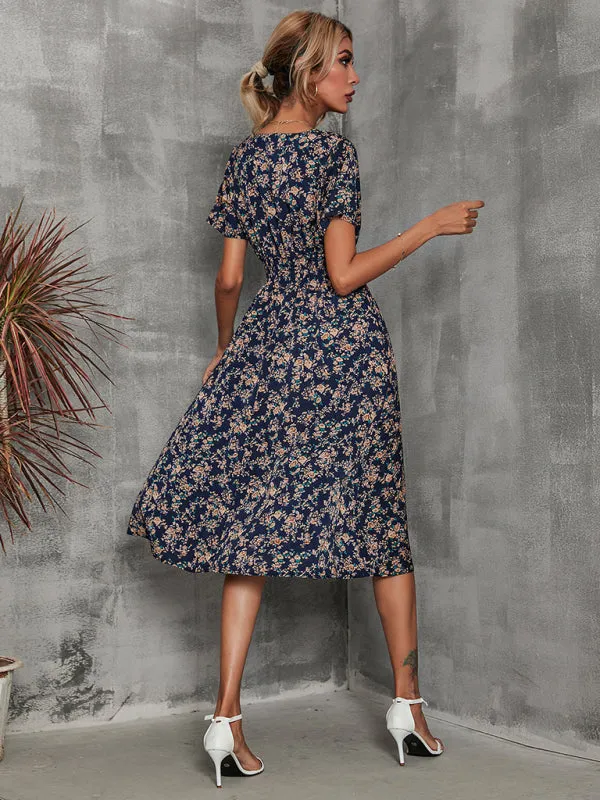 Floral Print Midi Dress with V-Neck and Smocked Waist