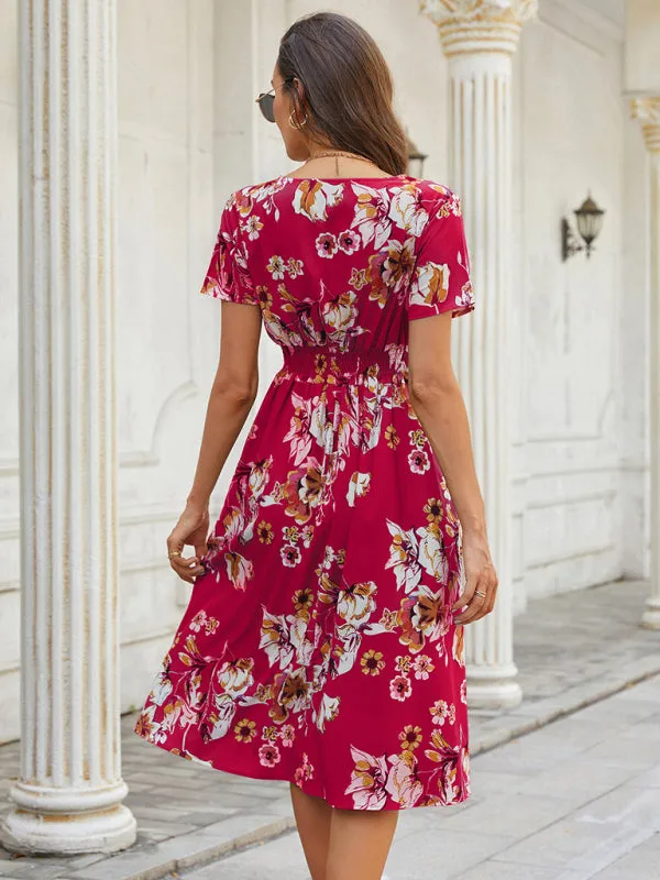 Floral Print Midi Dress with V-Neck and Smocked Waist
