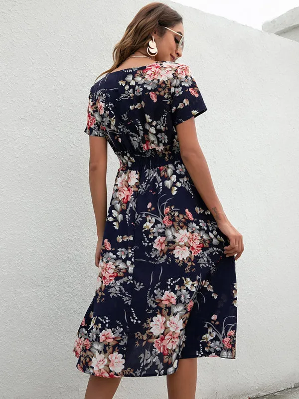 Floral Print Midi Dress with V-Neck and Smocked Waist