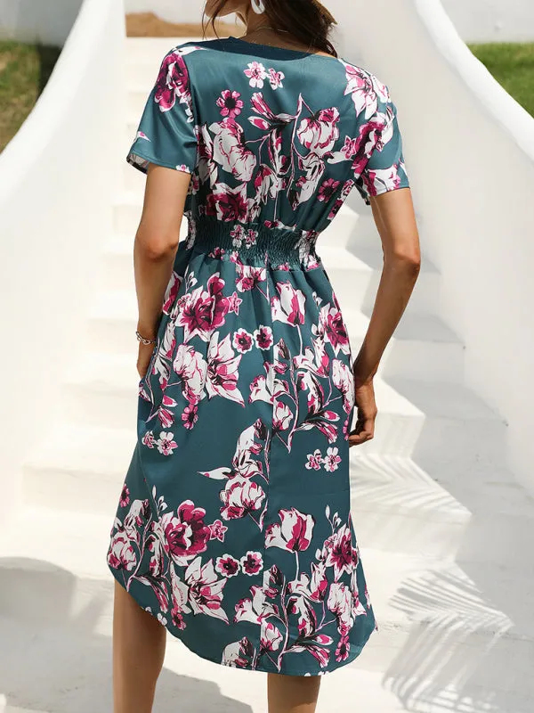Floral Print Midi Dress with V-Neck and Smocked Waist