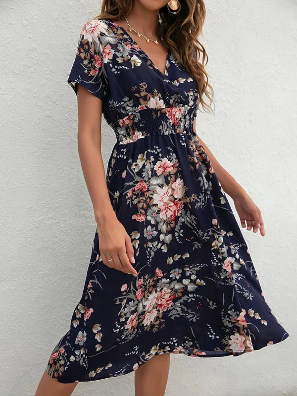 Floral Print Midi Dress with V-Neck and Smocked Waist