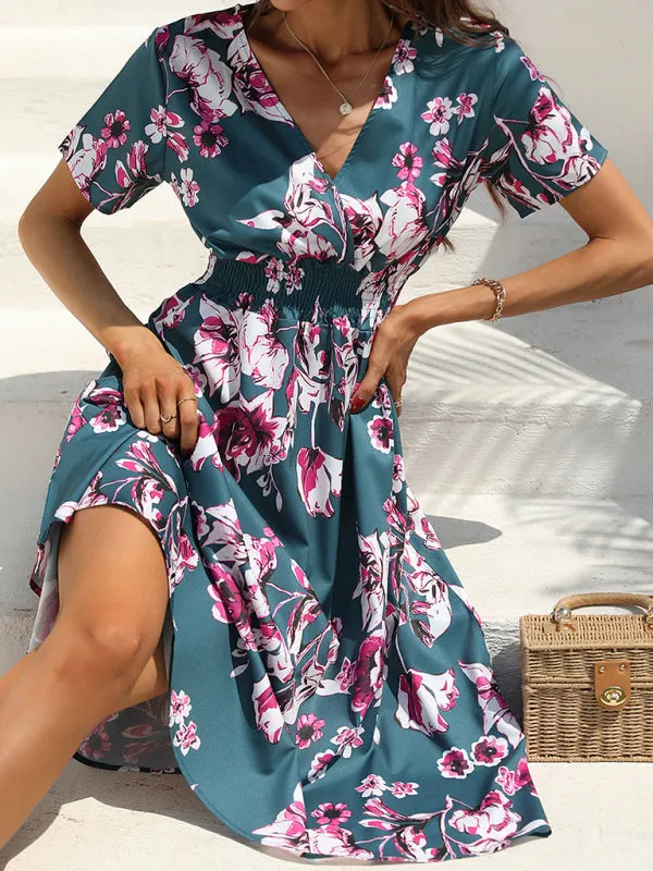 Floral Print Midi Dress with V-Neck and Smocked Waist