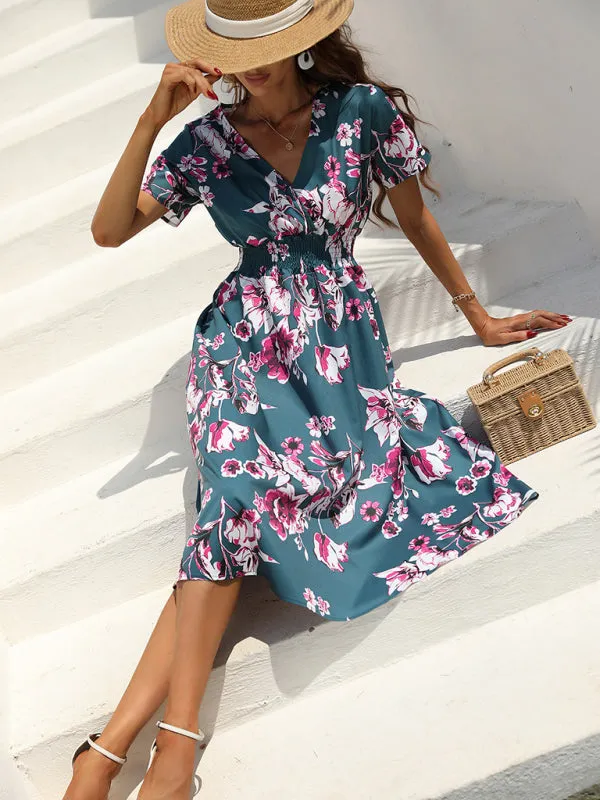 Floral Print Midi Dress with V-Neck and Smocked Waist
