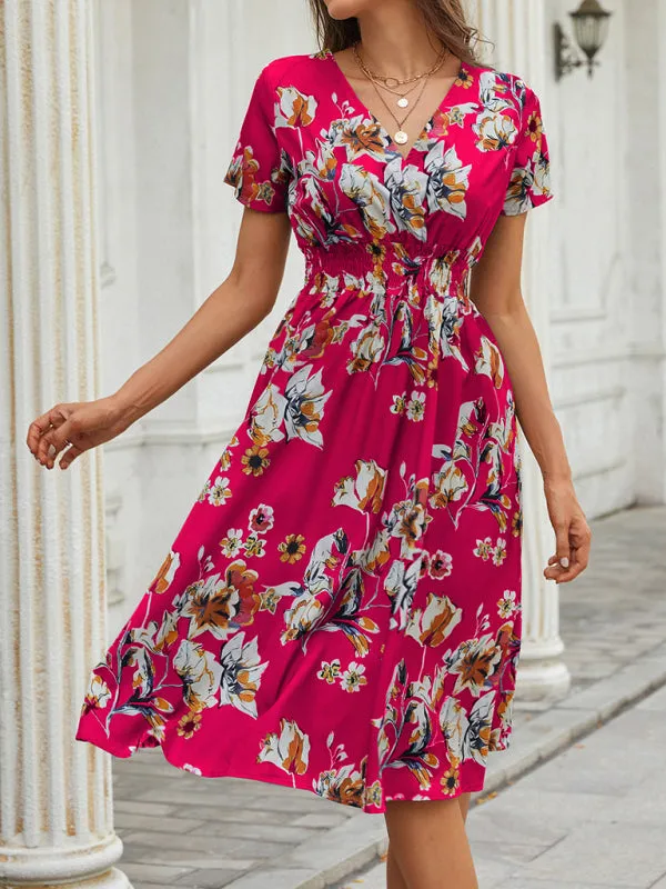 Floral Print Midi Dress with V-Neck and Smocked Waist