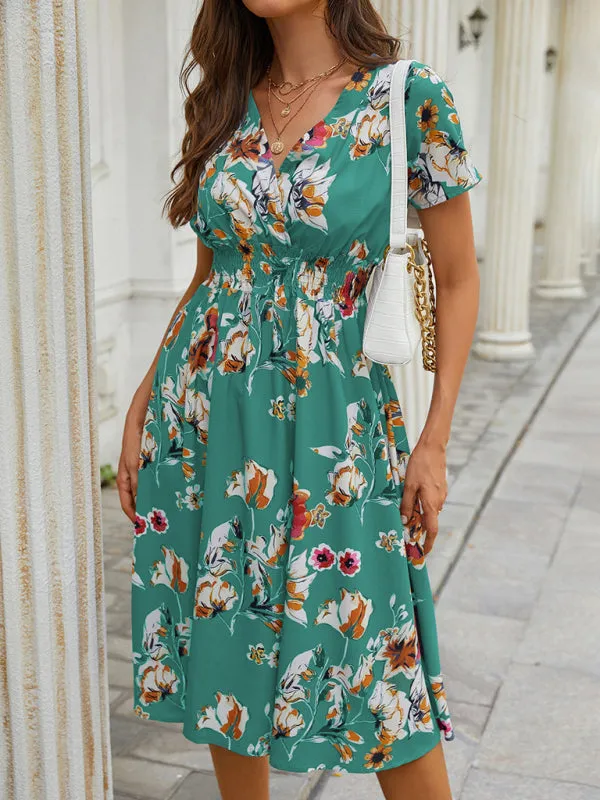 Floral Print Midi Dress with V-Neck and Smocked Waist