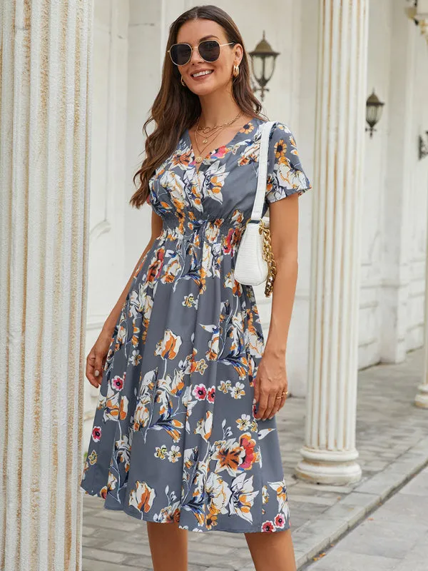 Floral Print Midi Dress with V-Neck and Smocked Waist