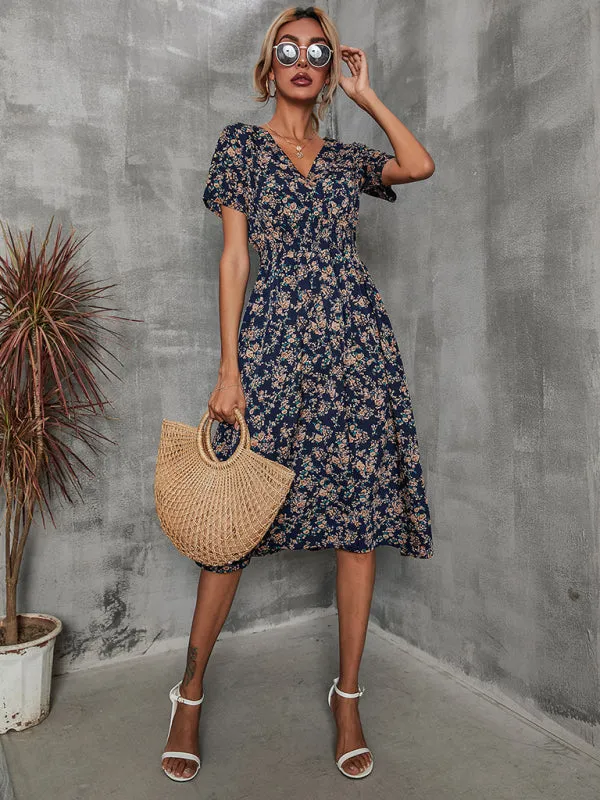 Floral Print Midi Dress with V-Neck and Smocked Waist