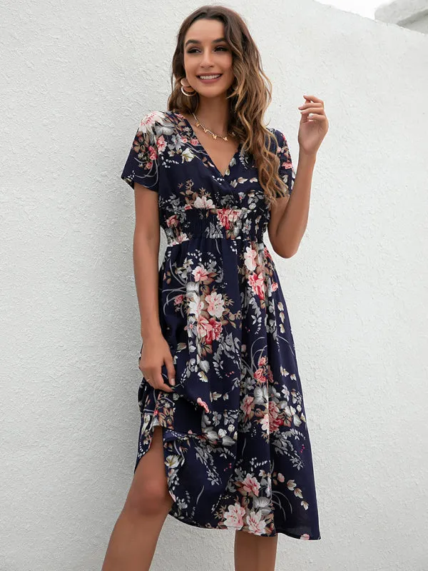 Floral Print Midi Dress with V-Neck and Smocked Waist