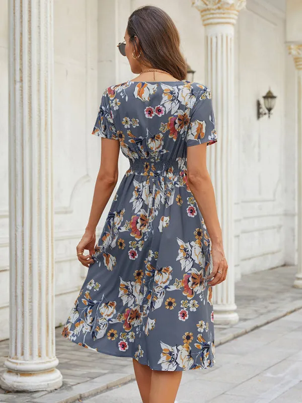 Floral Print Midi Dress with V-Neck and Smocked Waist