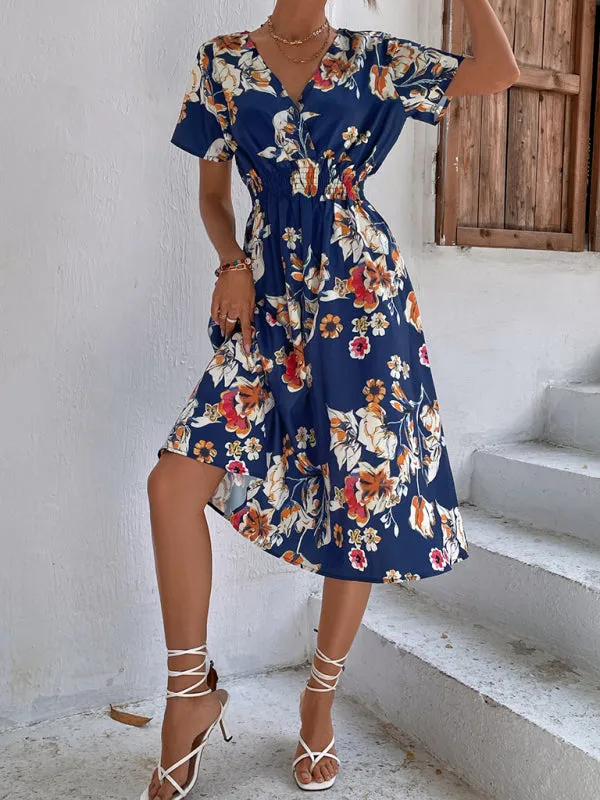 Floral Print Midi Dress with V-Neck and Smocked Waist