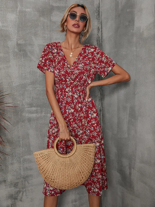 Floral Print Midi Dress with V-Neck and Smocked Waist