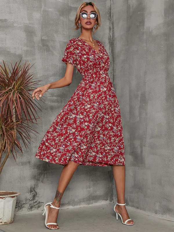 Floral Print Midi Dress with V-Neck and Smocked Waist