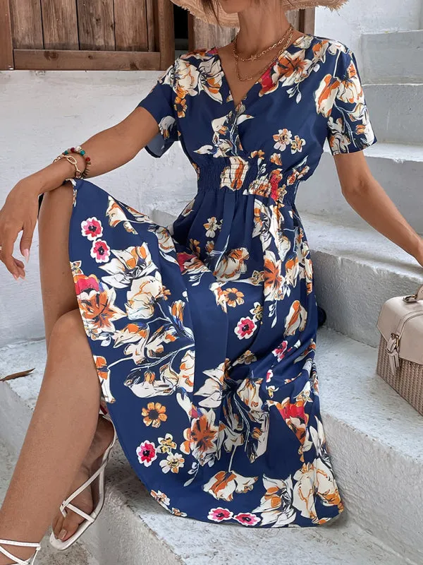 Floral Print Midi Dress with V-Neck and Smocked Waist