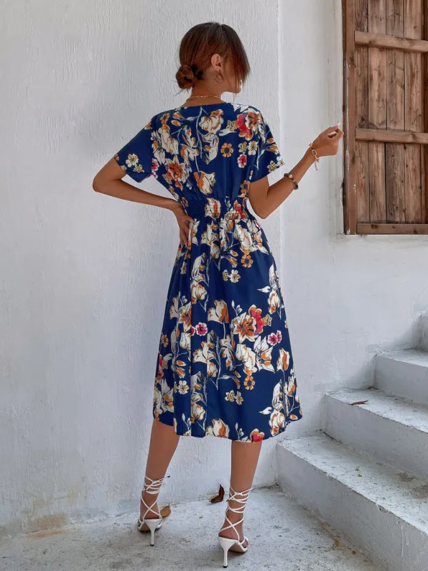 Floral Print Midi Dress with V-Neck and Smocked Waist