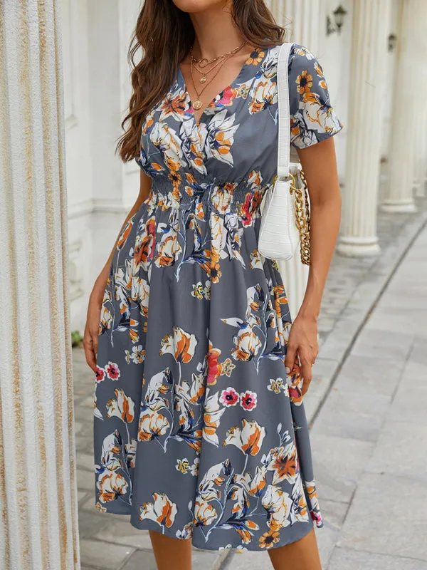 Floral Print Midi Dress with V-Neck and Smocked Waist