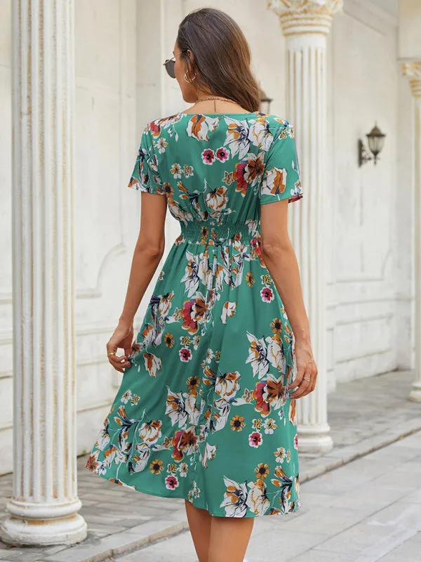 Floral Print Midi Dress with V-Neck and Smocked Waist