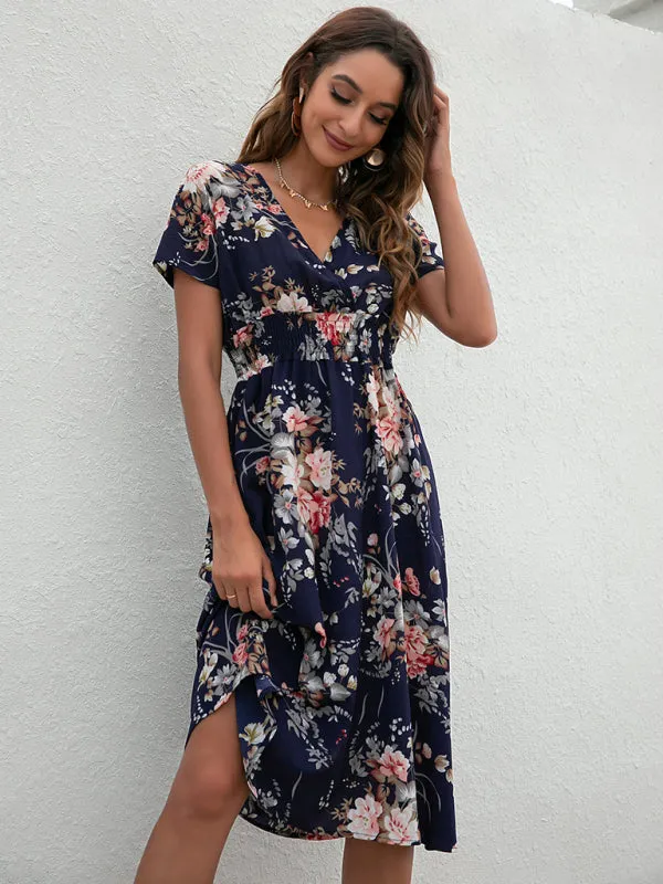 Floral Print Midi Dress with V-Neck and Smocked Waist
