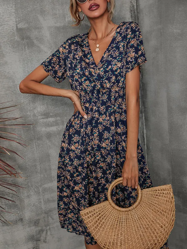 Floral Print Midi Dress with V-Neck and Smocked Waist