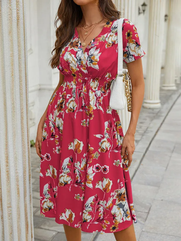Floral Print Midi Dress with V-Neck and Smocked Waist