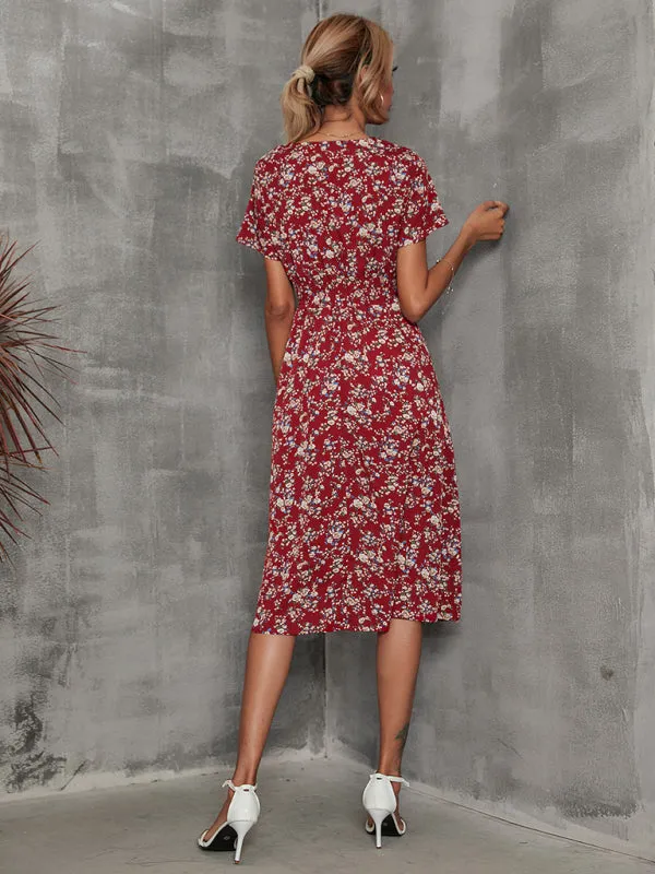 Floral Print Midi Dress with V-Neck and Smocked Waist