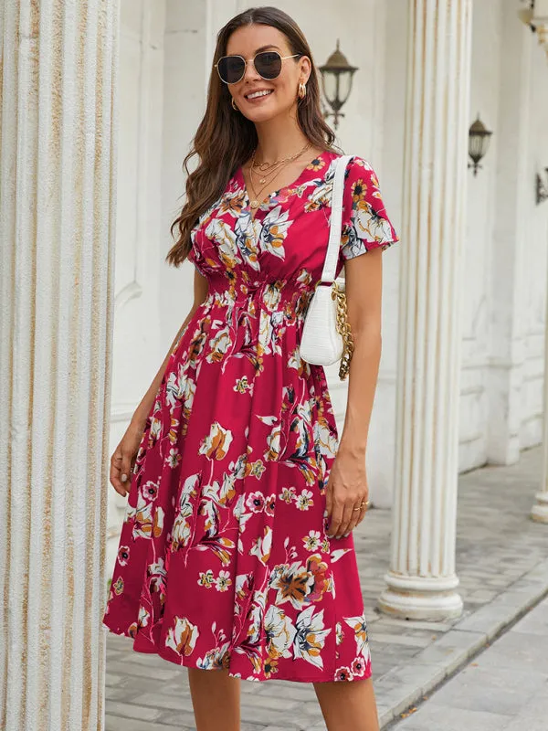 Floral Print Midi Dress with V-Neck and Smocked Waist