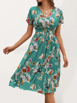 Floral Print Midi Dress with V-Neck and Smocked Waist